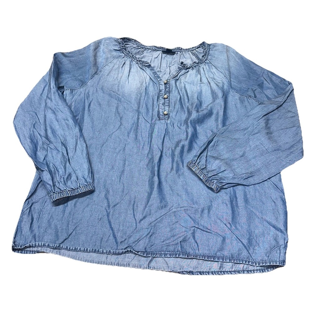 J. Jill Denim Blue Chambray Ruffle‎ Neck Button Popover Blouse Shirt Women's S